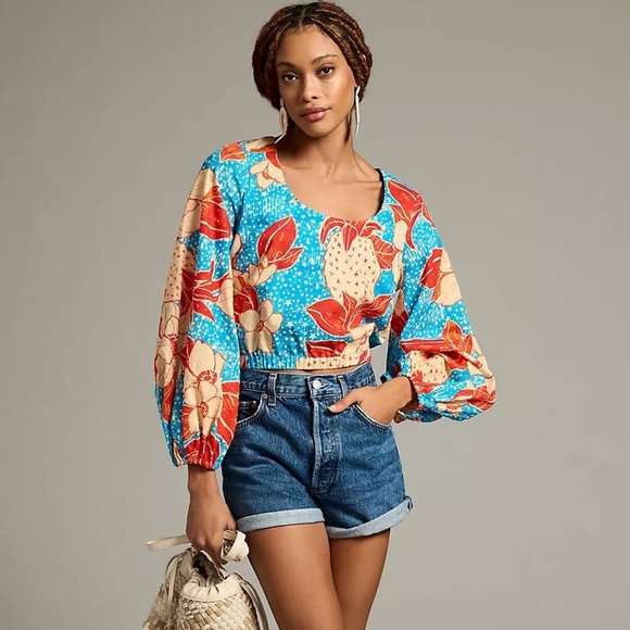FARM Rio Tops - FARM Rio Blue Floral Puff-Sleeve Blouse with Red & Cream Accents